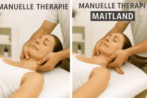 Links: klassische manuelle Therapie – entspannte Lagerung, allgemeine Mobilisation<br />Rechts: Maitland-Methode – gezielte Gelenkbehandlung, präzise Handposition, differenzierte Technik